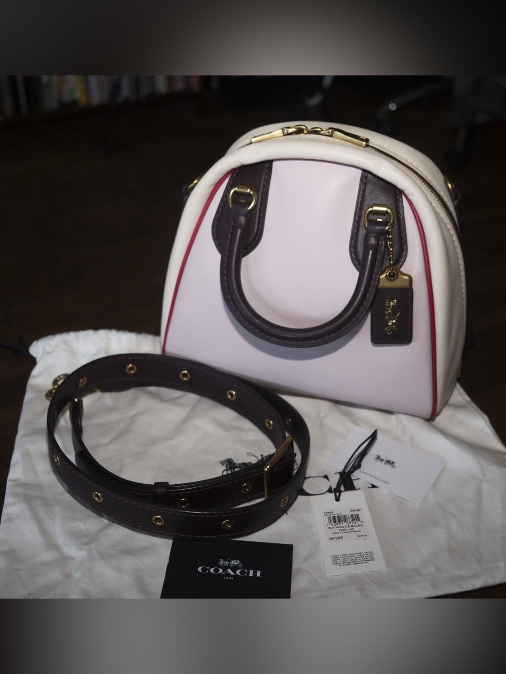 Coach Colorblock Pink  and Cream Marliegh Satchel w/Oxblood Trim and Red Piping - Picture 15 of 15